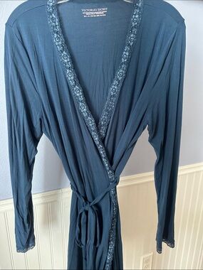 Victoria's Secret Modal Dark Blue Lace-Trim Wrap Robe